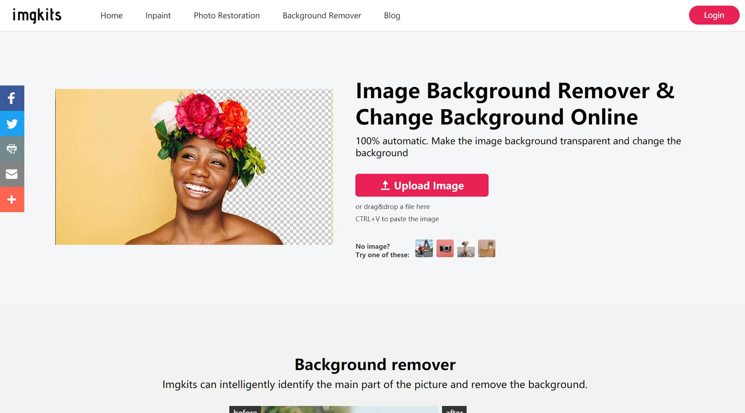 Страница загрузки изображения в Imgkits Background Remover