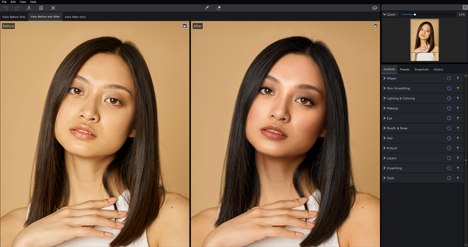 Сравнение до и после обработки в PortraitPro с правой панелью Controls