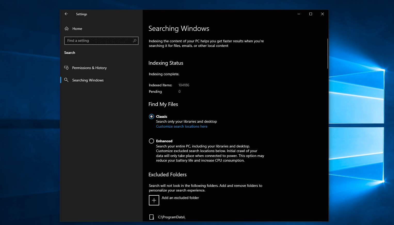 Параметры индексирования Windows, связанные с поиском PowerToys Run