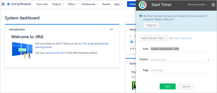 Окно интеграции текущего сайта через расширение TMetric