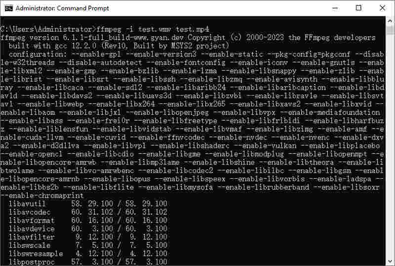 Командная строка FFmpeg для конвертации WMV в MP4