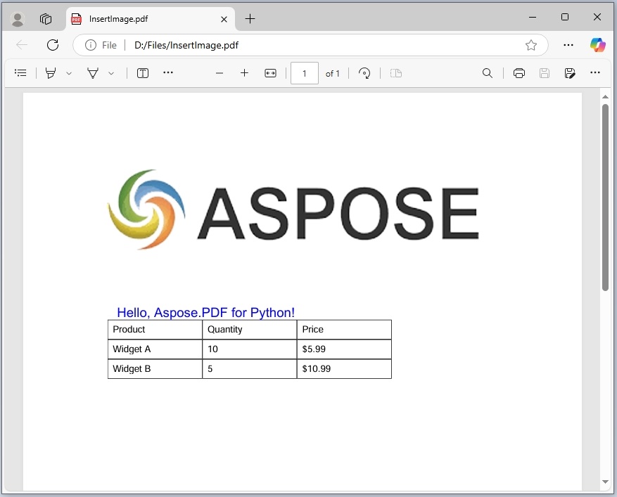 Скриншот Aspose PDF: inserting image in pdf in python