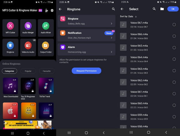 Главный экран MP3 Cutter and Ringtone Maker и выбор сигнала