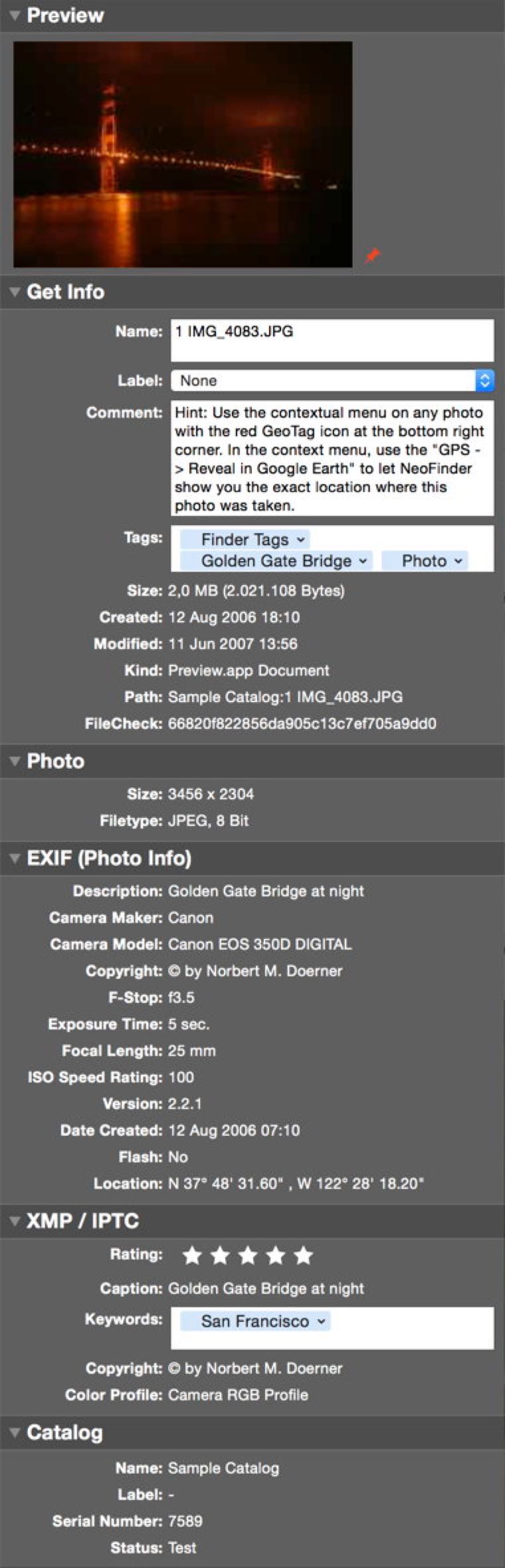 Inspector в NeoFinder показывает превью, общие сведения, EXIF и XMP/IPTC-данные выбранного файла