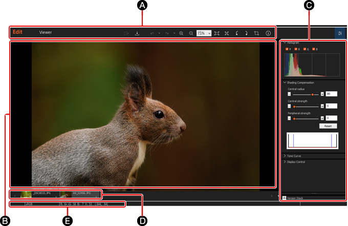 Окно Edit в Sony Imaging Edge Desktop: Preview area, Palettes, Image Switching Tab и Status Bar