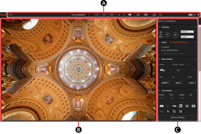 Окно Remote в Sony Imaging Edge Desktop: Live View, панель инструментов и панель управления камерой