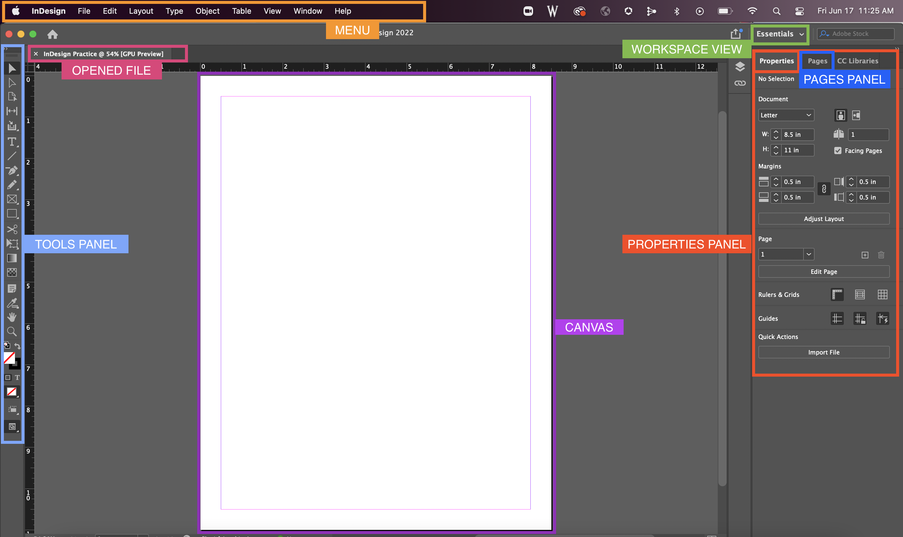 Интерфейс Adobe InDesign с документом, панелью Tools, Properties и Pages