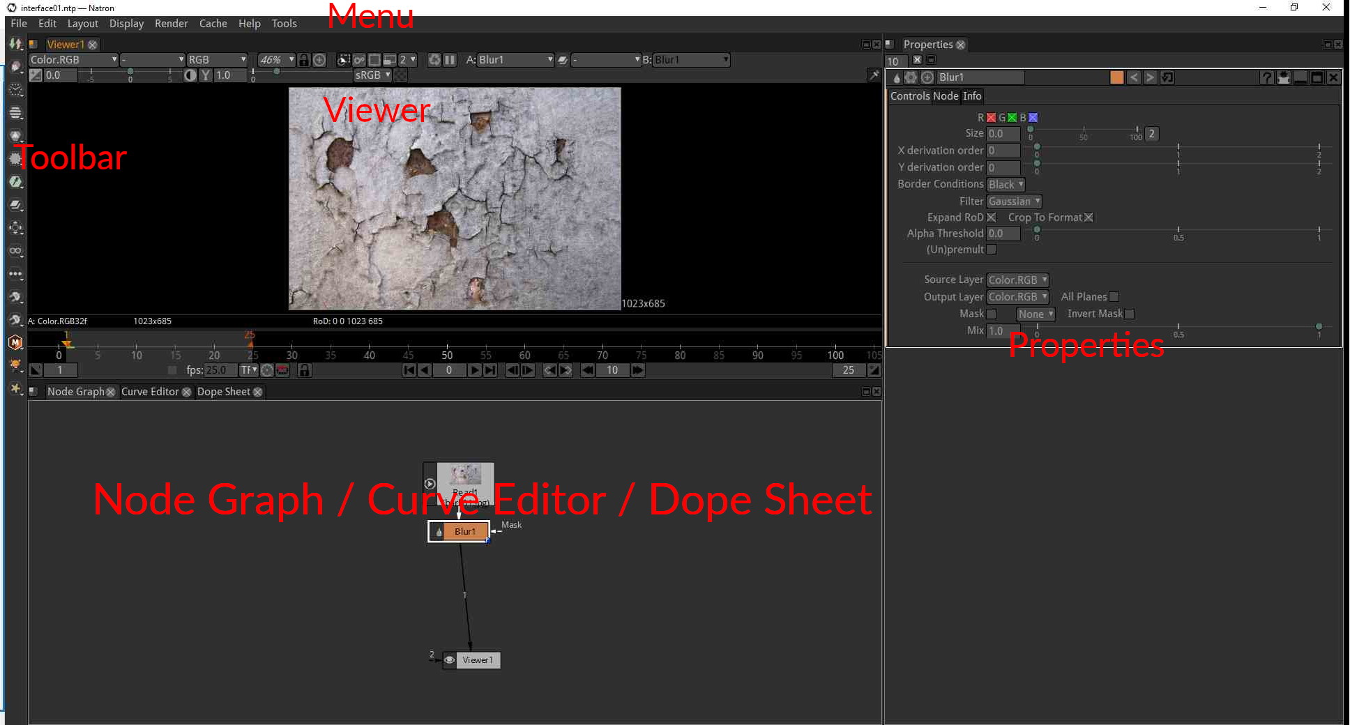 Рабочее пространство Natron: Viewer, Toolbar, Properties, Node Graph, Curve Editor и Dope Sheet