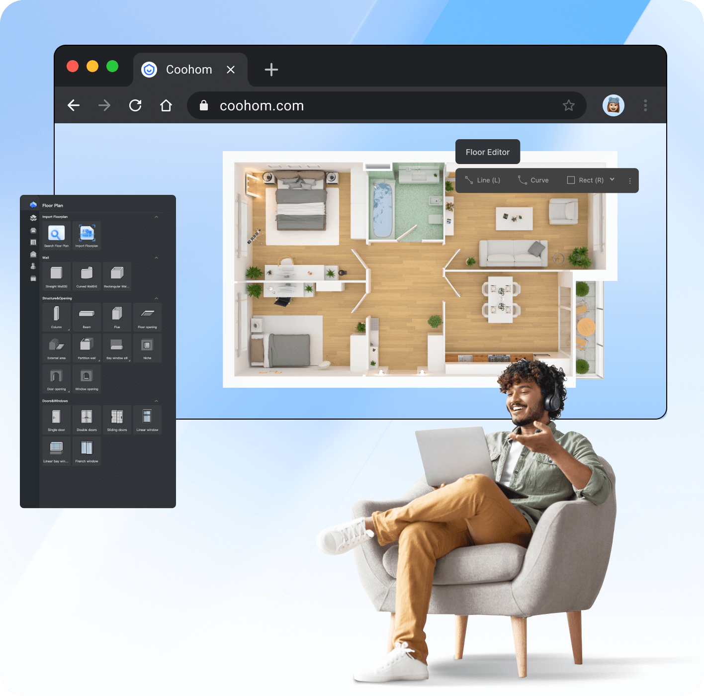 Coohom: общий сценарий работы с floor plan и floor editor