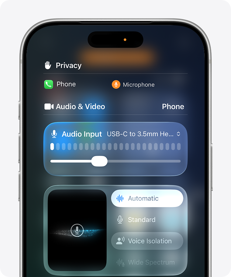 Выбор Voice Isolation на iPhone