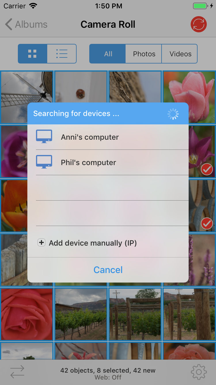 PhotoSync: выбор компьютера для передачи файлов