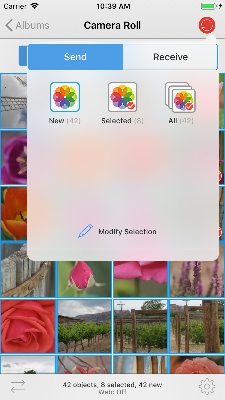 PhotoSync: выбор режима Send — New, Selected или All