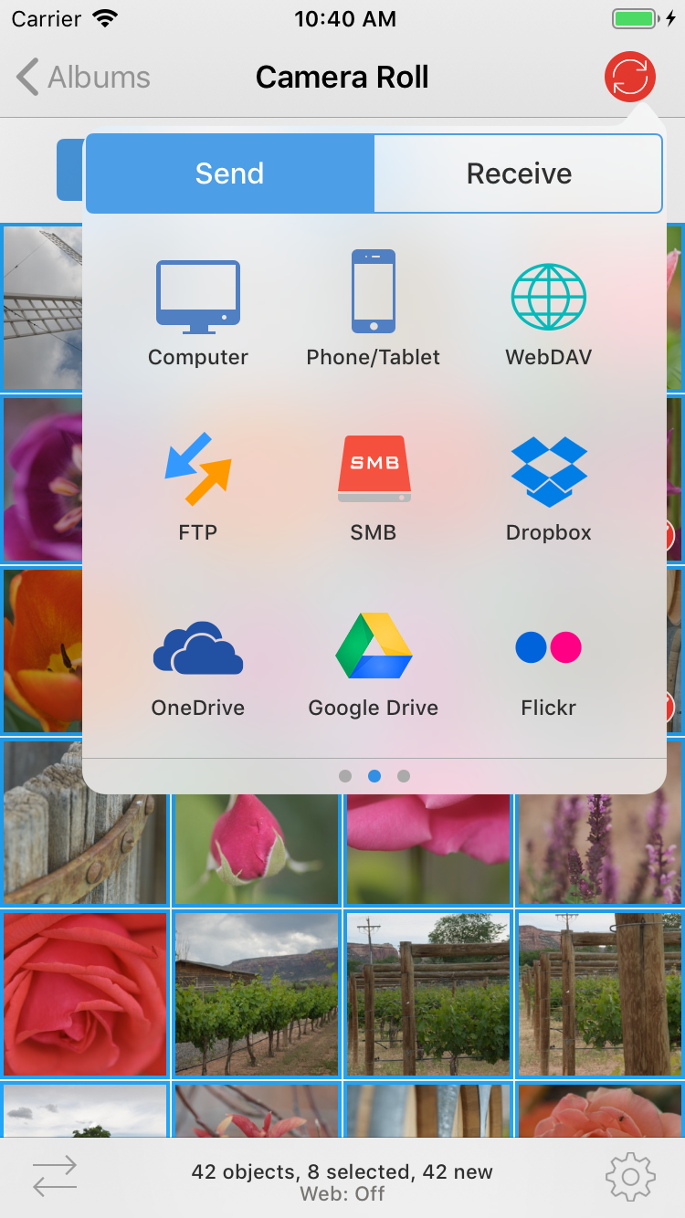 PhotoSync: выбор назначения для передачи — Computer, Phone/Tablet, WebDAV, FTP, SMB и облака