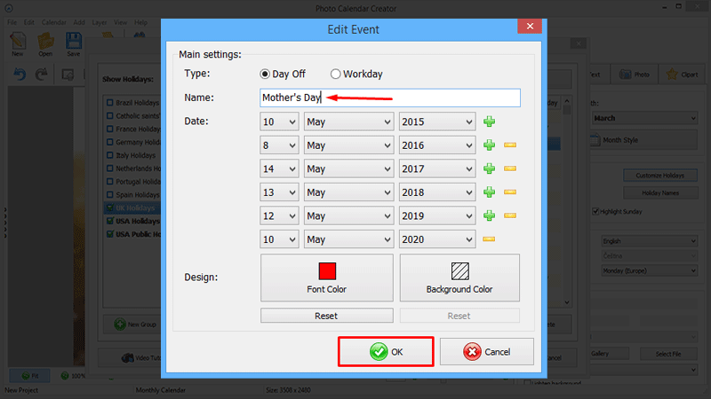 Редактирование названия события в Photo Calendar Creator