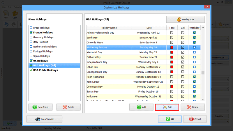 Выбор и редактирование праздничной базы в окне Customize Holidays