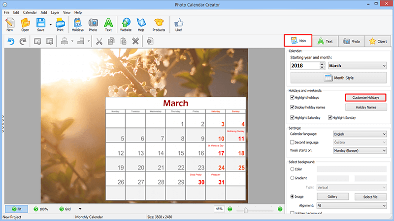 Главное окно Photo Calendar Creator с открытой вкладкой Main