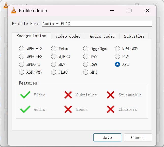 VLC Media Player: выбор AVI в профиле