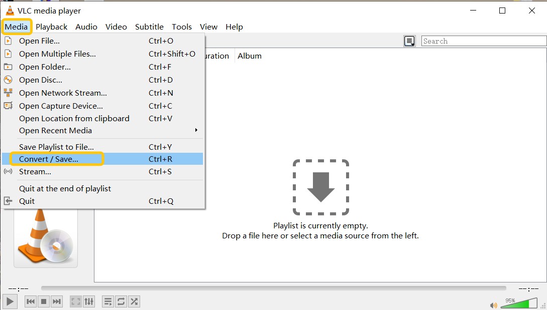 VLC Media Player: меню Convert / Save