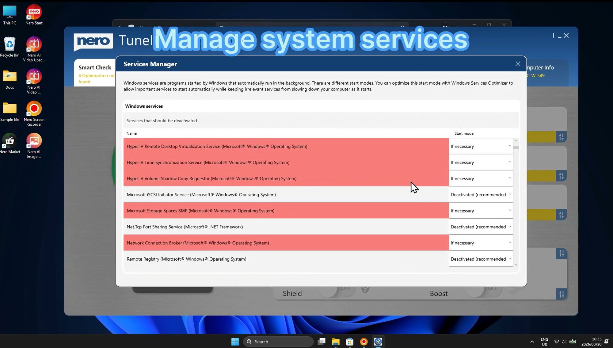 Окно Services Manager в Nero TuneItUp PRO