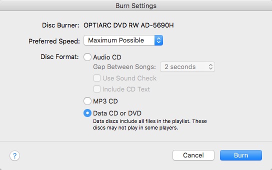 Настройки записи плейлиста в Music/iTunes