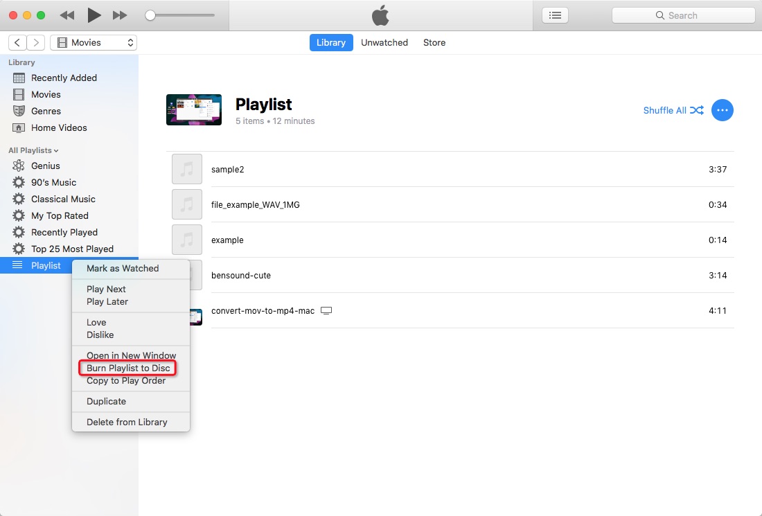 Команда Burn Playlist to Disc в iTunes