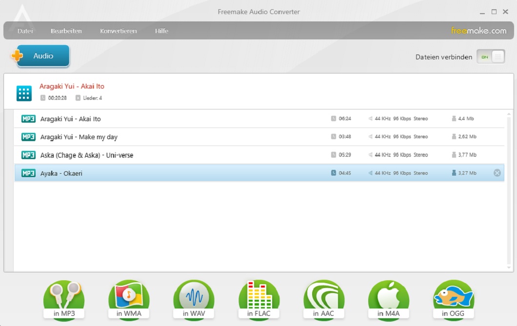 Режим Join files в Freemake Audio Converter: несколько дорожек объединяются в один итоговый файл