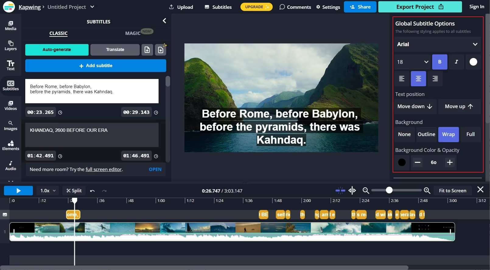 Добавление субтитров в Kapwing