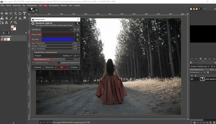 GIMP: окно Color Exchange для замены одного цвета одежды на другой