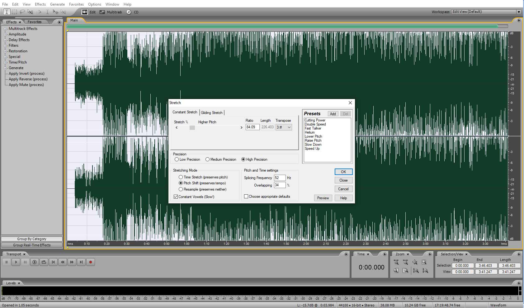 Окно изменения тональности в Adobe Audition