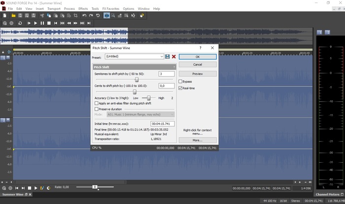 Шкала транспонирования в Sound Forge
