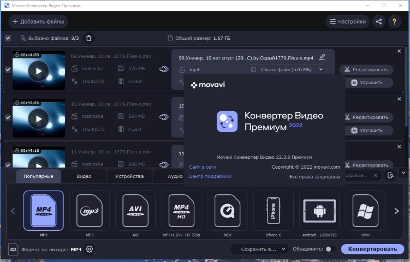 Скриншот Movavi Video Converter для преобразования MKV в MP4