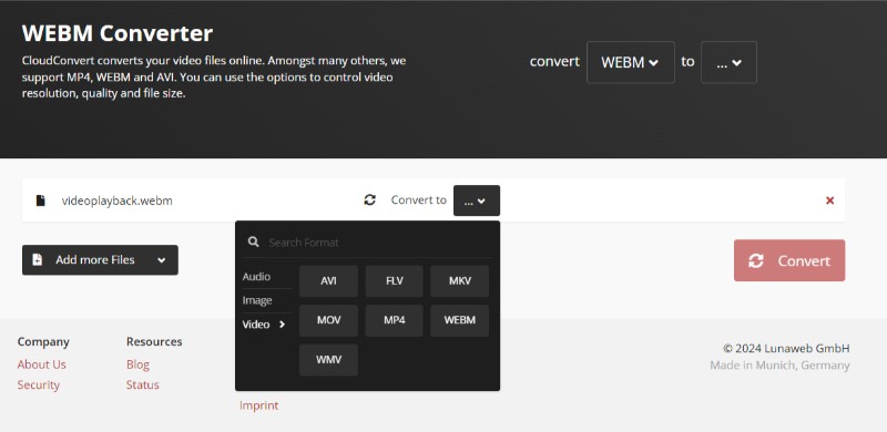 Настройки CloudConvert для WebM в MP4