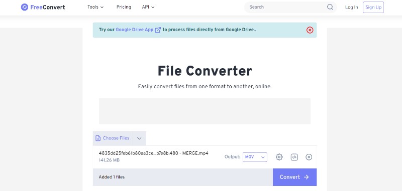 Интерфейс FreeConvert для преобразования видео