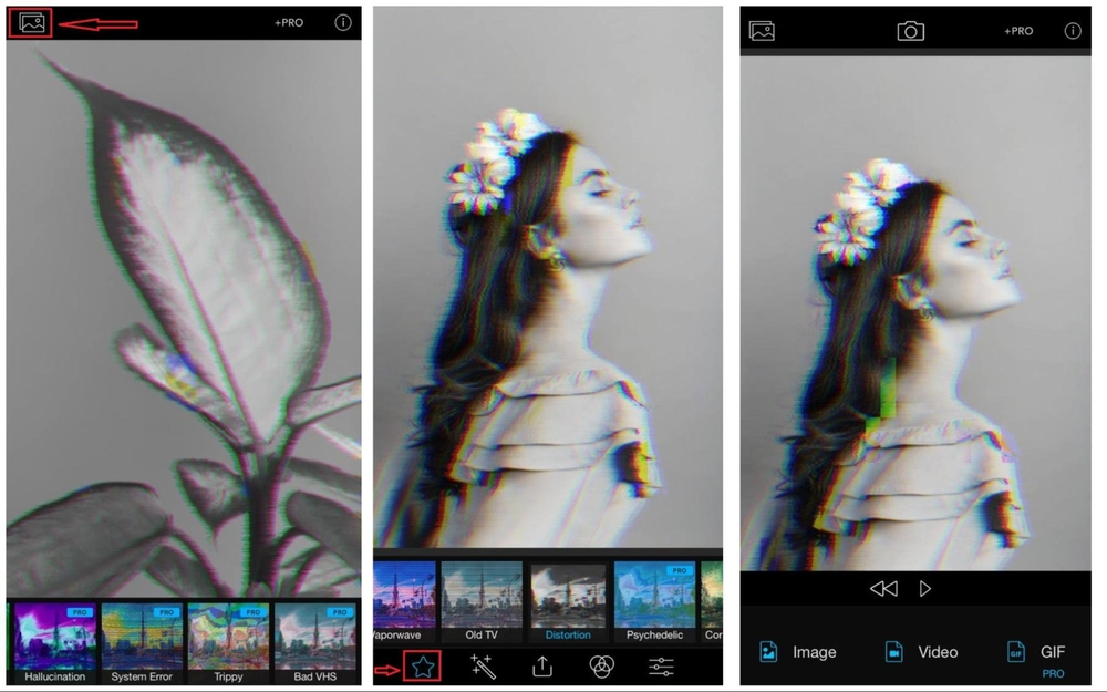 Glitch Art Studio: экран выбора пресета и экспорта