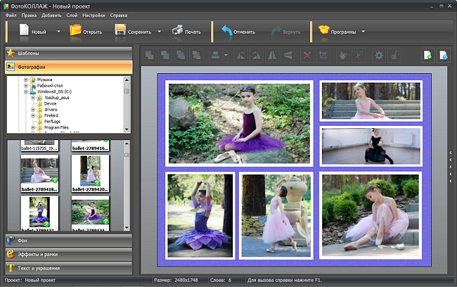 Рабочее окно ФотоКОЛЛАЖА с панелью разделов и холстом