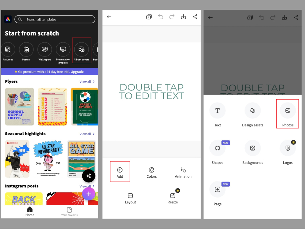 Adobe Express: загрузка фотографии и выбор режима размещения в макете