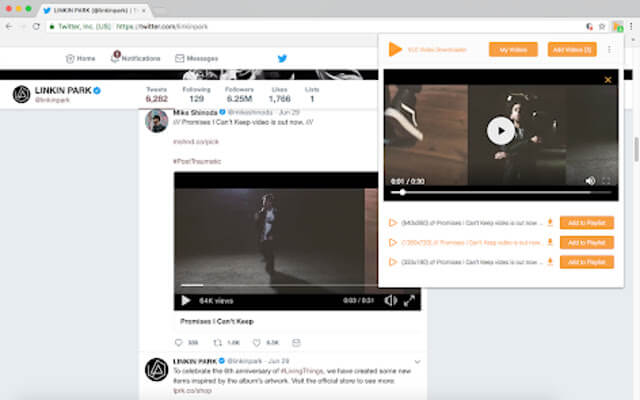 VLC Video Downloader: выбор качества в панели расширения