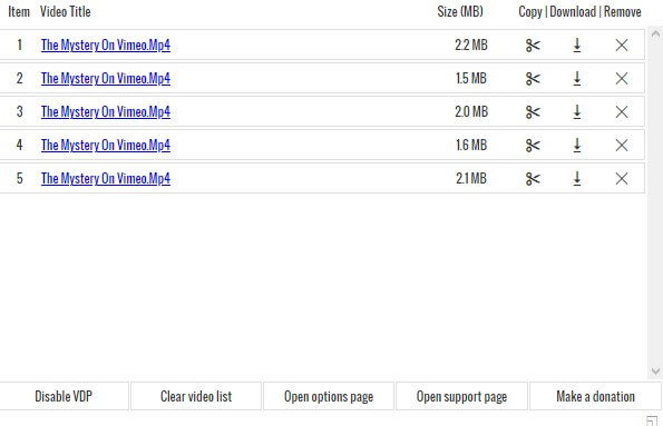 Video Downloader Prime — список найденных роликов в панели расширения