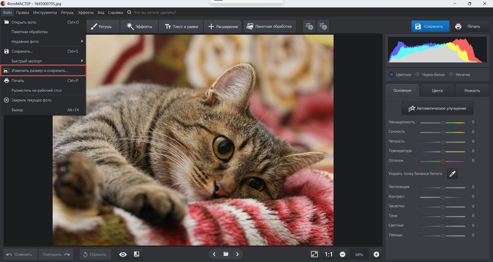 ФотоМАСТЕР: команда Изменить размер и сохранить