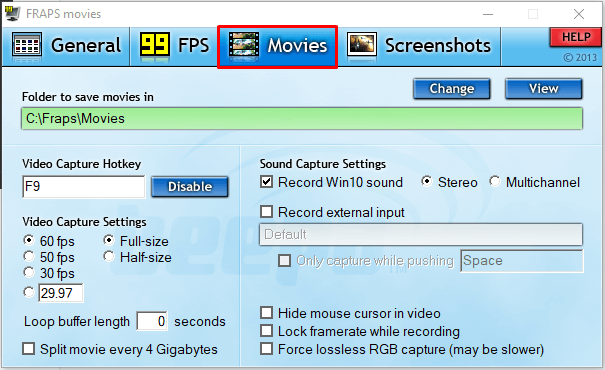 Fraps: базовые параметры захвата на Windows 7