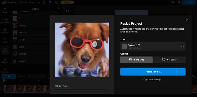 Изменение размера видео в Kapwing