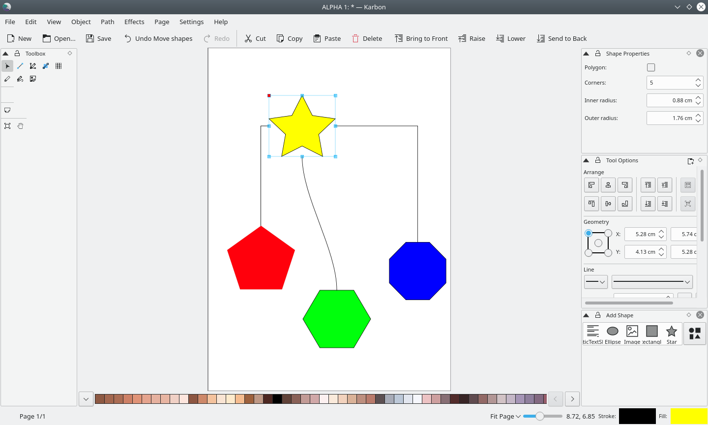 Фигуры и соединительные линии в Karbon с открытыми панелями Shape Properties, Tool Options и Add Shape