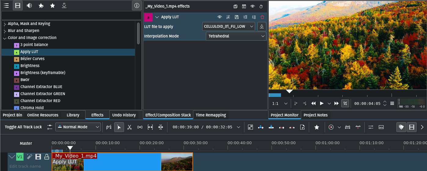 Применение Apply LUT: список эффектов, стек и результат в Project Monitor