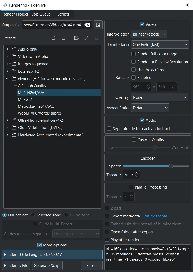Окно Rendering в Kdenlive (Presets, Output file, Render to File)