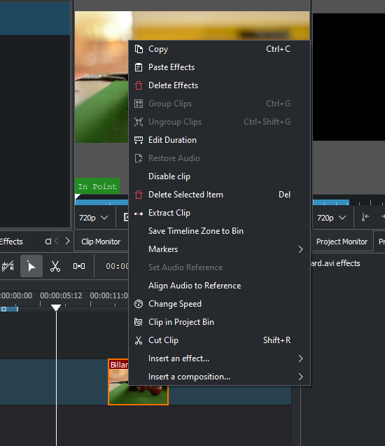 Контекстное меню клипа на таймлайне (Paste Effects, Edit Duration, Disable clip, Change speed)