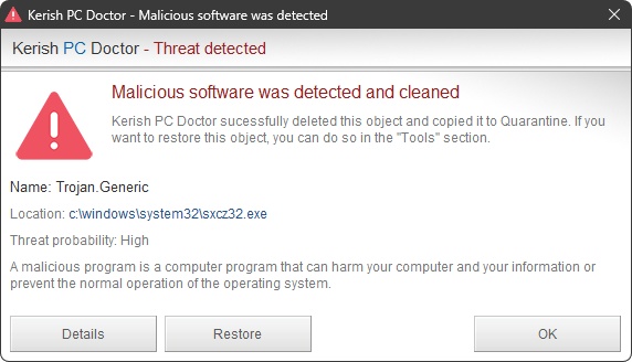 Обнаружение угрозы в Kerish PC Doctor