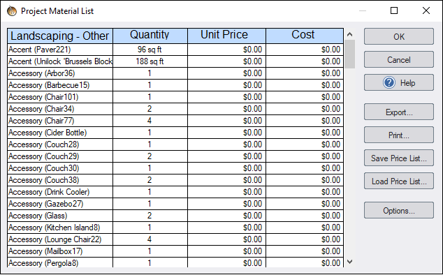 Окно Project Material List