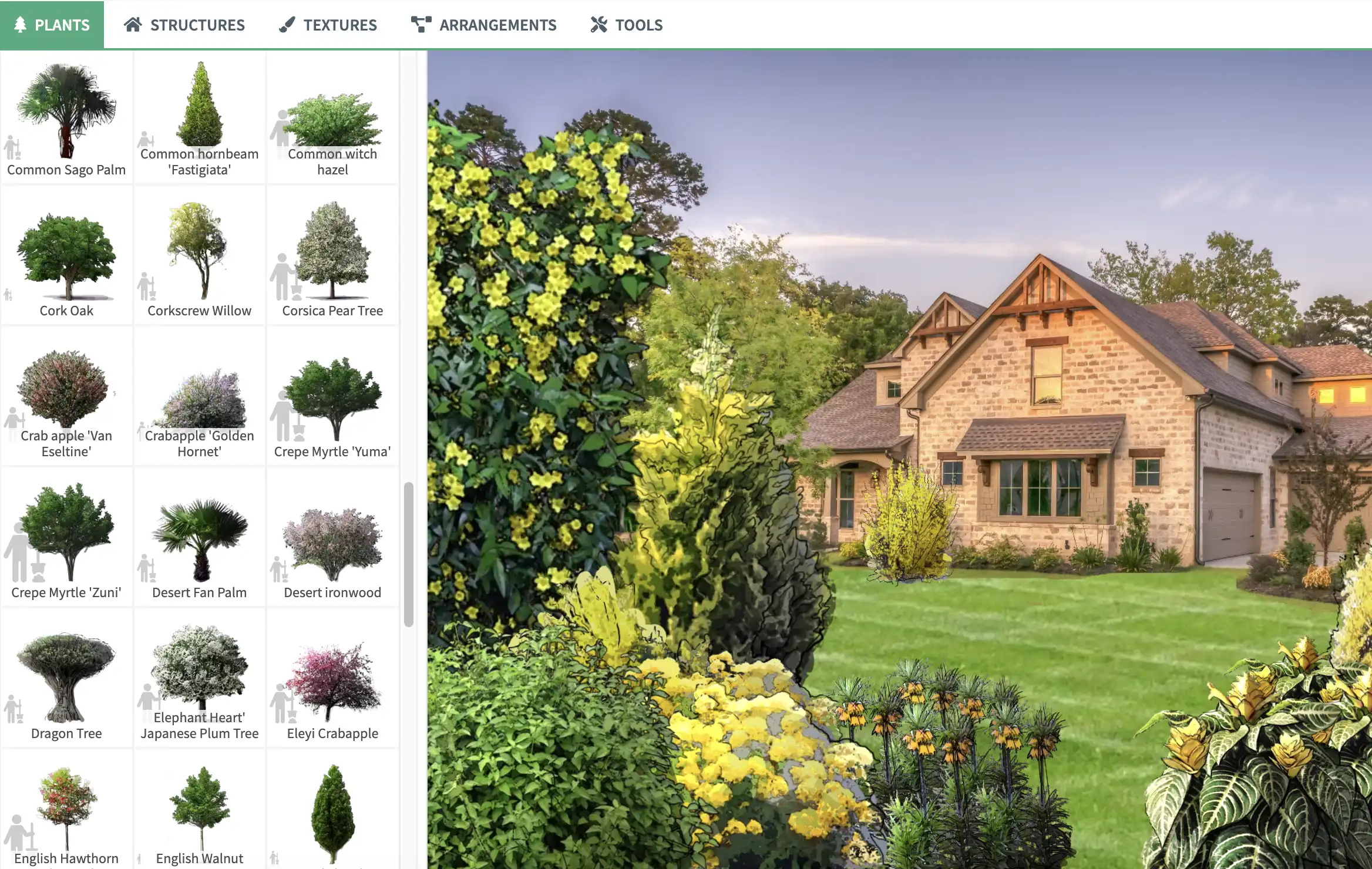 Главный экран редактора GardenPuzzle: слева библиотека растений, сверху основные вкладки интерфейса