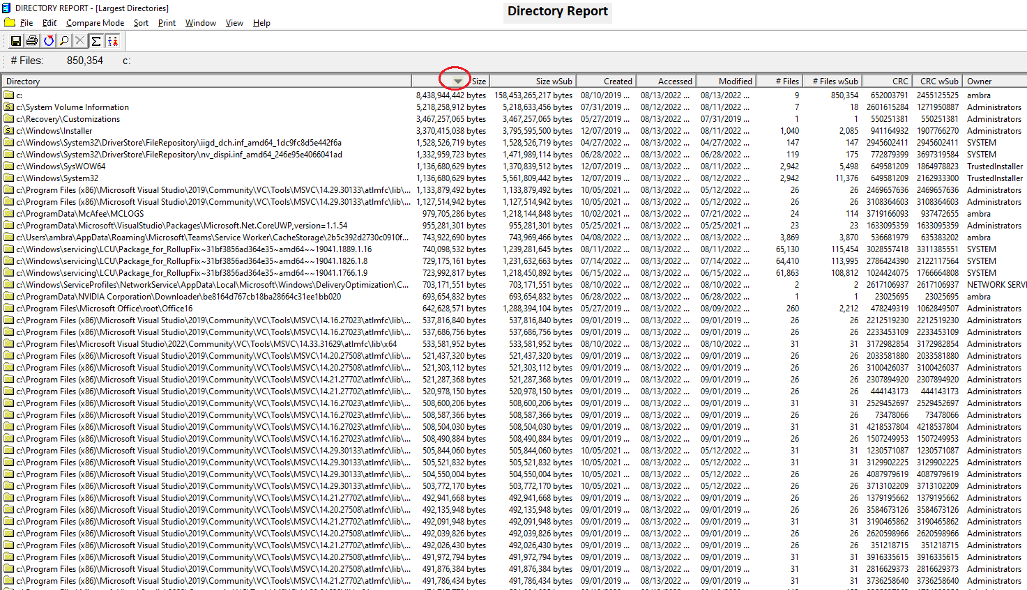 Окно Largest Directories в Directory Report со списком крупнейших папок, размерами Size и Size wSub, количеством файлов и владельцем