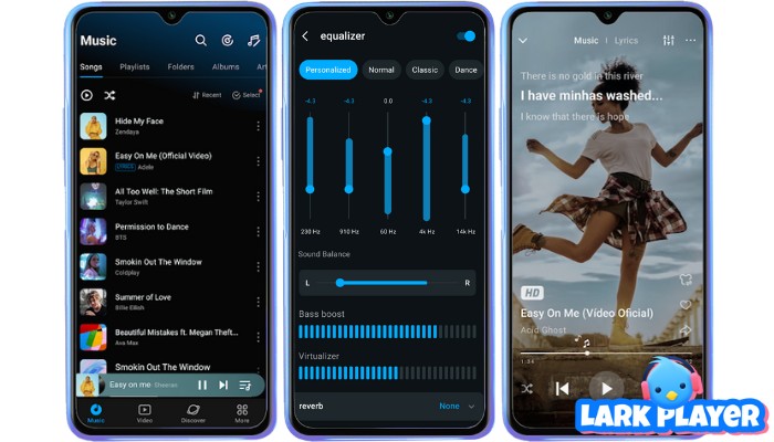 Скриншот Lark Player с мобильным музыкальным интерфейсом